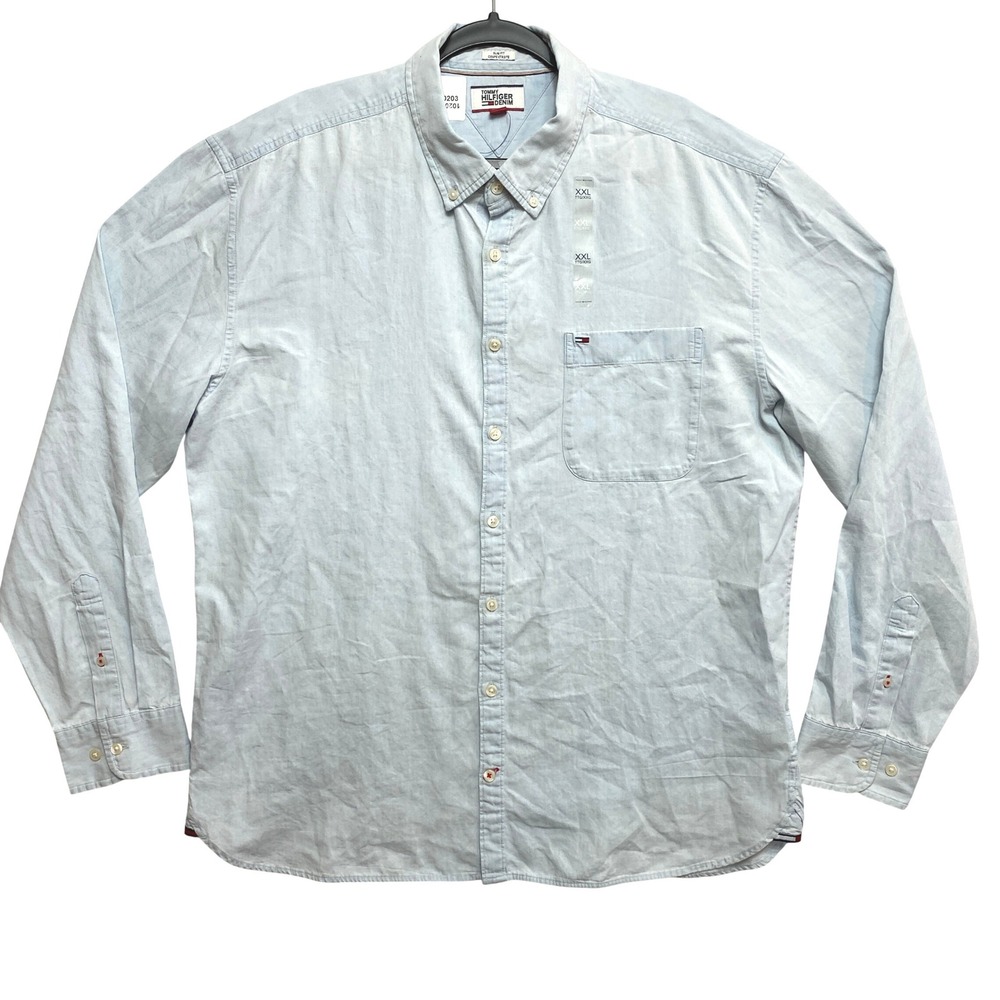 Tommy Hilfiger Denim Shirt Mens XXL Slim Fit Light Blue Button Down NWT